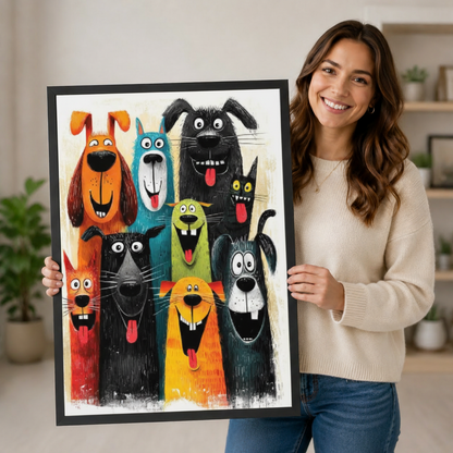 Woman holding colorful cartoon dogs canvas print — funny dog wall art gift idea for dog lovers