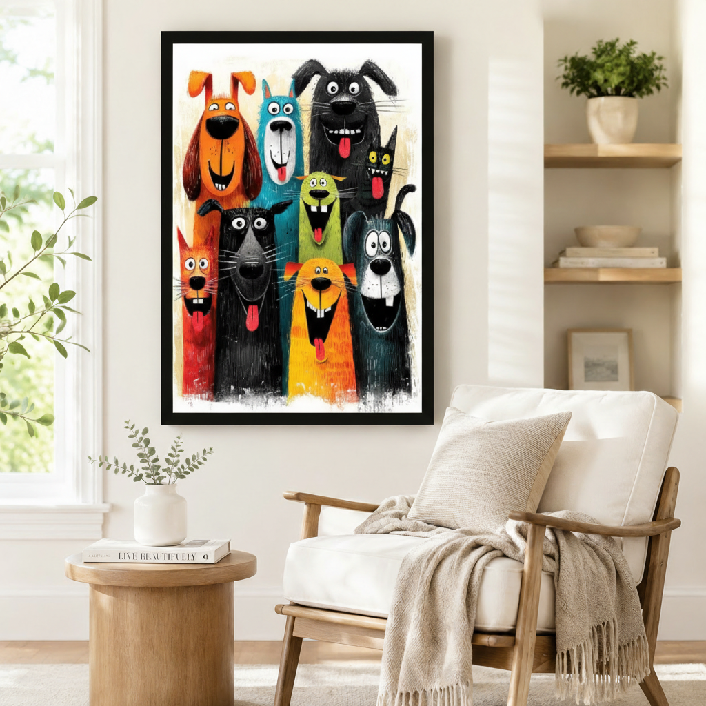 Bold funny dogs framed canvas art beside armchair in Scandinavian living room — vibrant pet lover wall decor