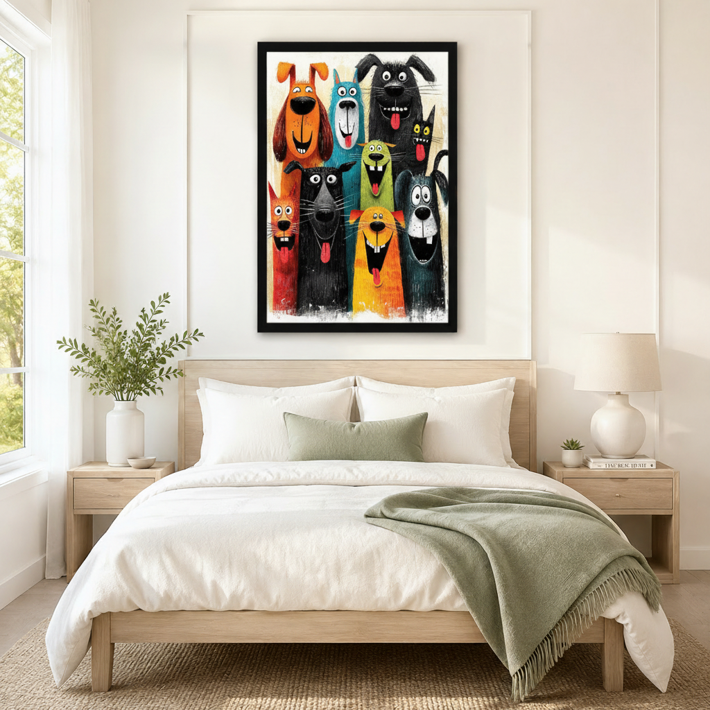 Funny cartoon dogs framed canvas art above bed in minimal bedroom — colorful dog lover wall decor