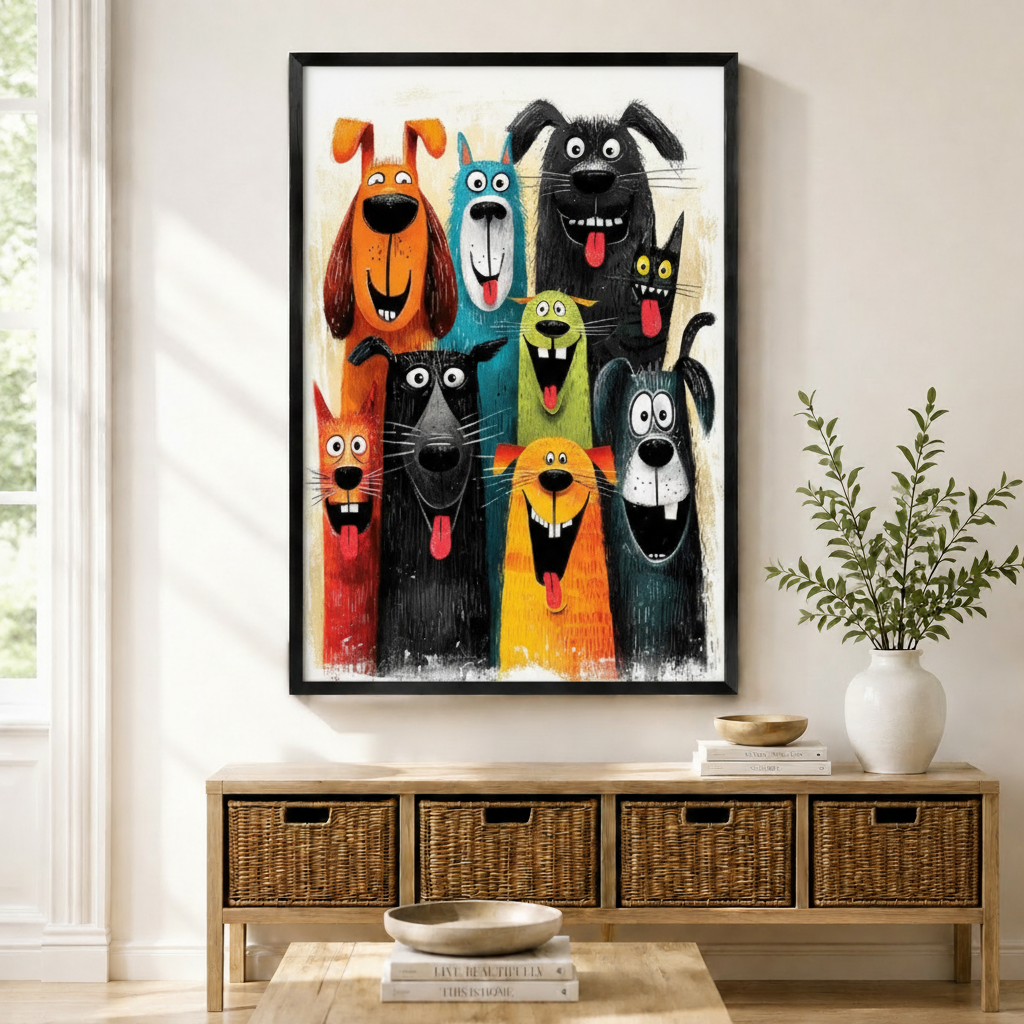 Funny dogs gang framed canvas art above wooden sideboard — colorful cartoon dog wall decor for living room
