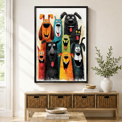 Funny dogs gang framed canvas art above wooden sideboard — colorful cartoon dog wall decor for living room
