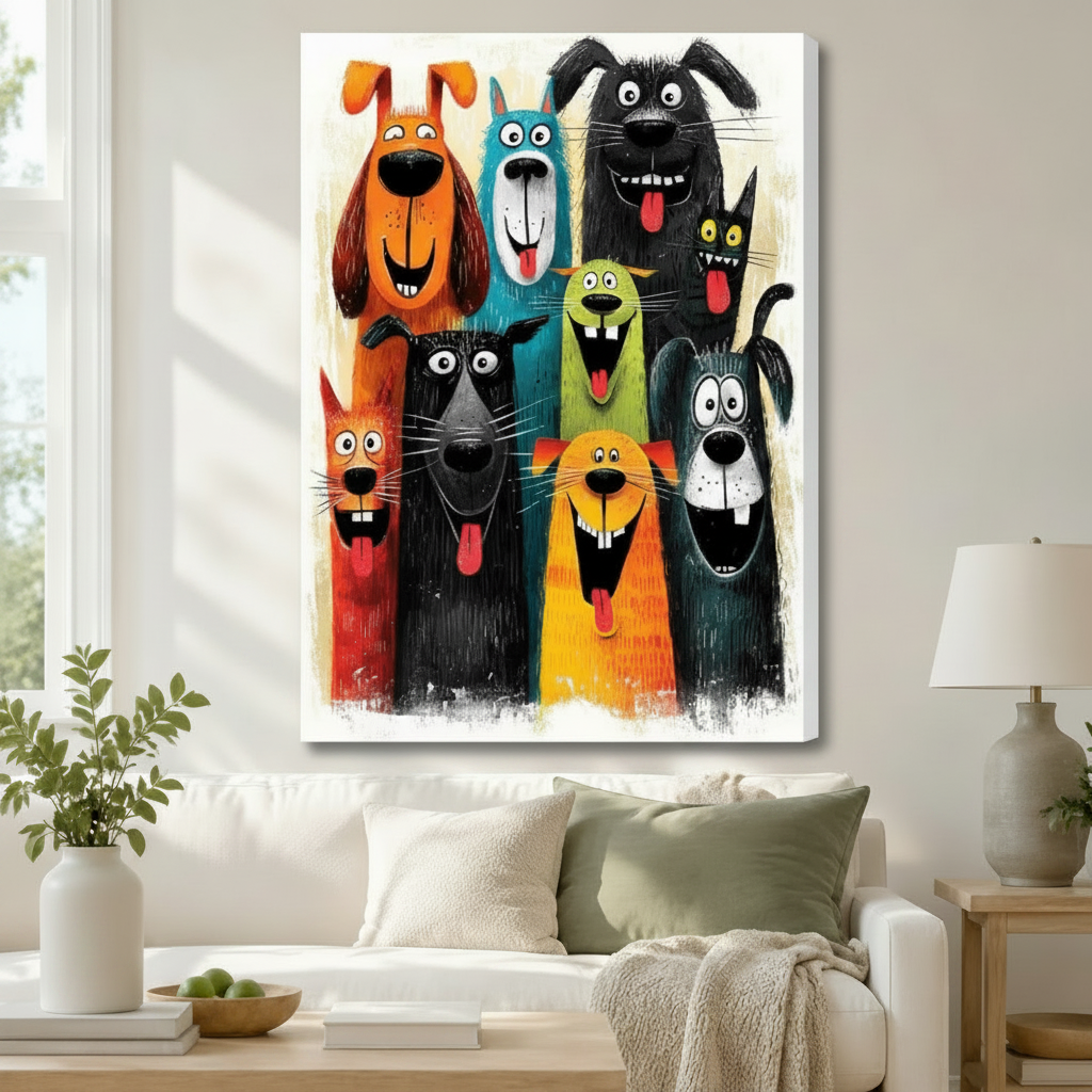 Colorful cartoon dogs gallery wrap canvas print above white sofa — frameless stretched canvas wall art for modern home