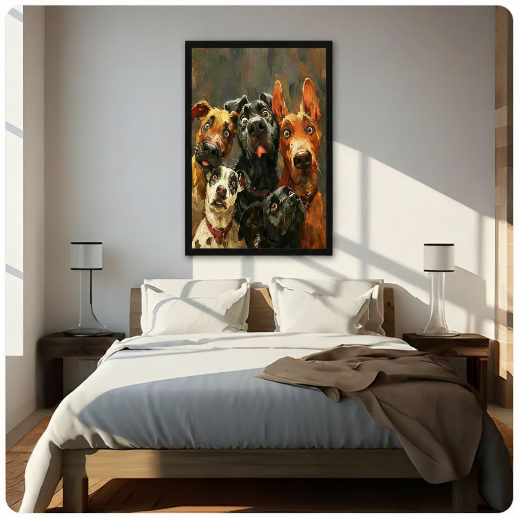 Funny five dogs gang oil painting framed canvas wall art above bed in modern bedroom with warm sunlight