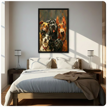 Funny five dogs gang oil painting framed canvas wall art above bed in modern bedroom with warm sunlight