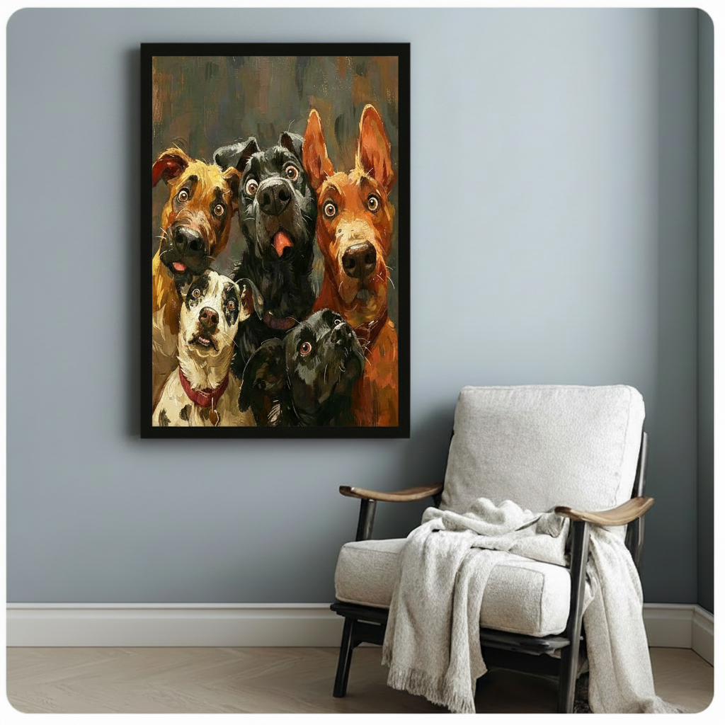 Funny dogs gang oil painting black framed canvas wall art on blue gray wall beside white armchair modern decor