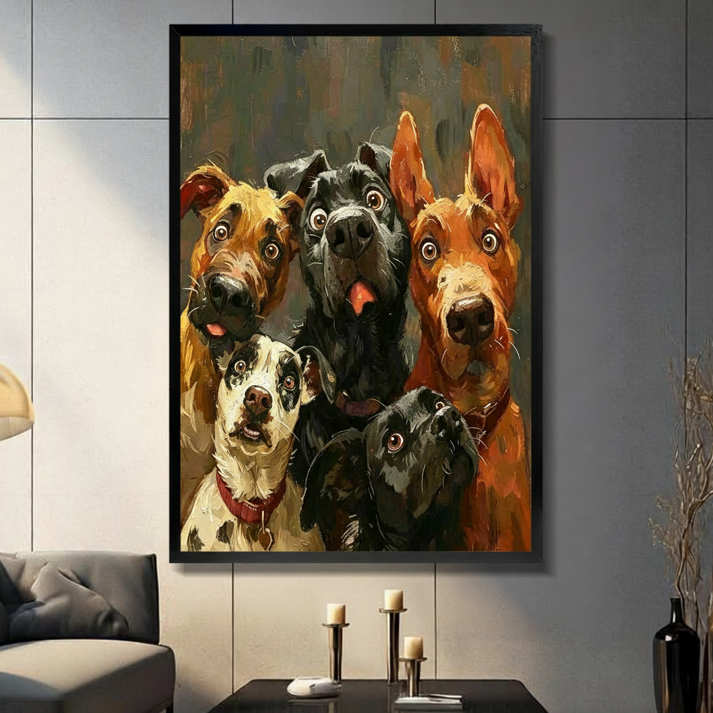 Five goofy dogs oil painting black framed canvas wall art on dark gray tile wall modern living room decor