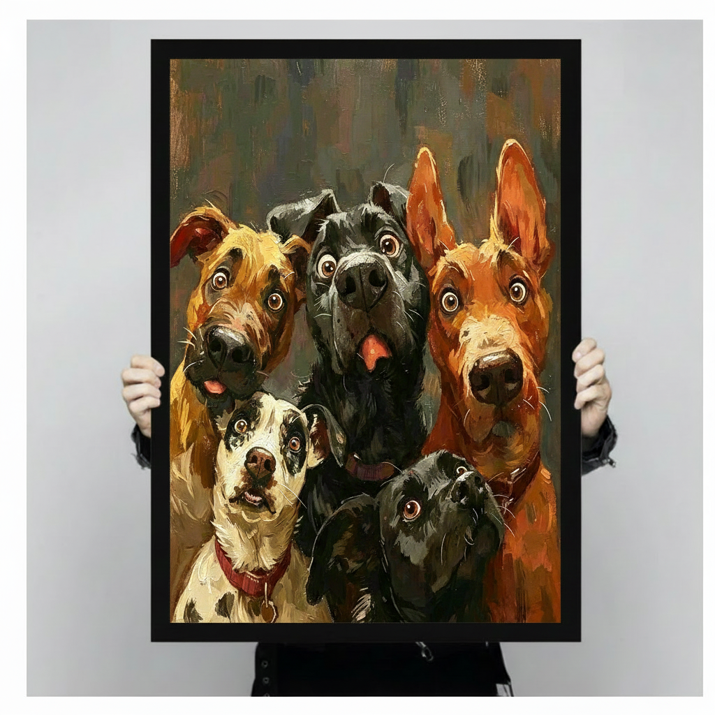 Person holding funny five dogs oil painting black framed canvas size reference display gray background