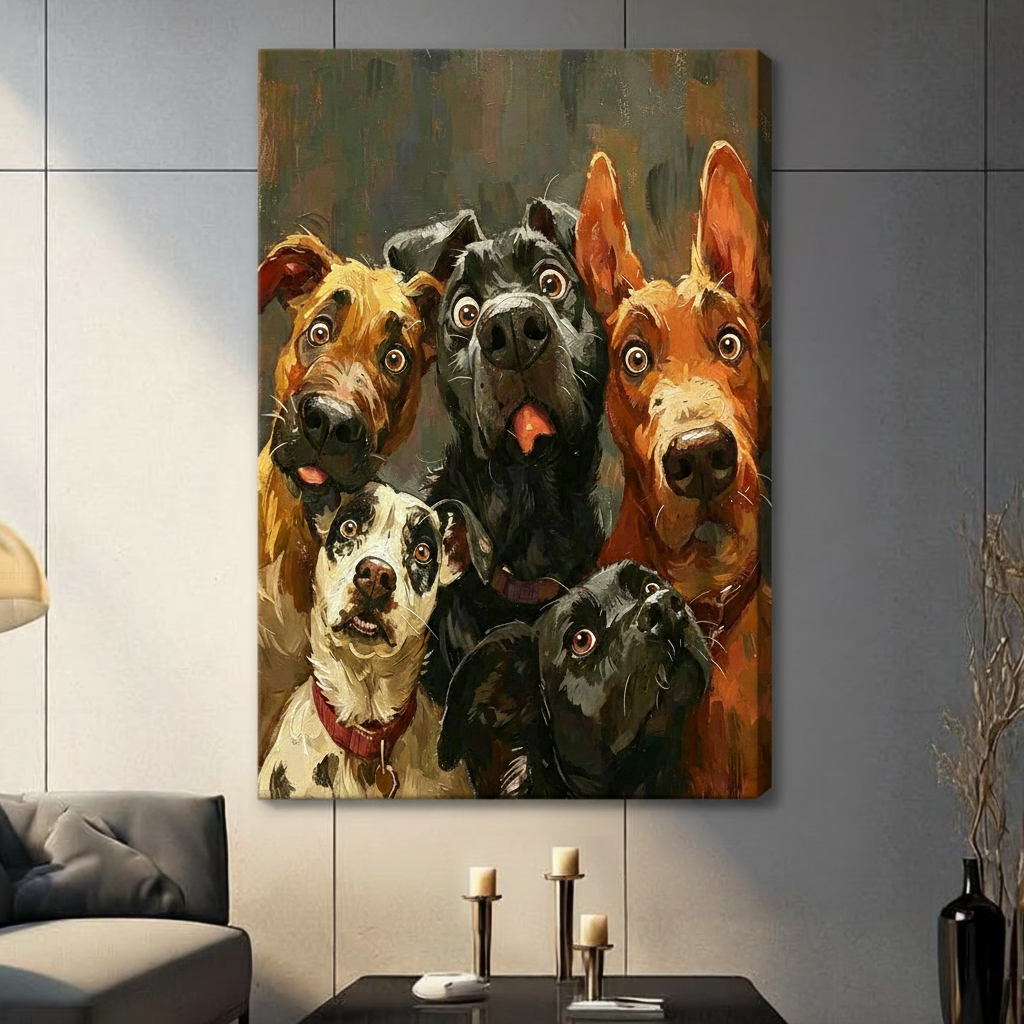 Five funny dogs oil painting gallery wrapped stretched canvas wall art on dark gray wall living room