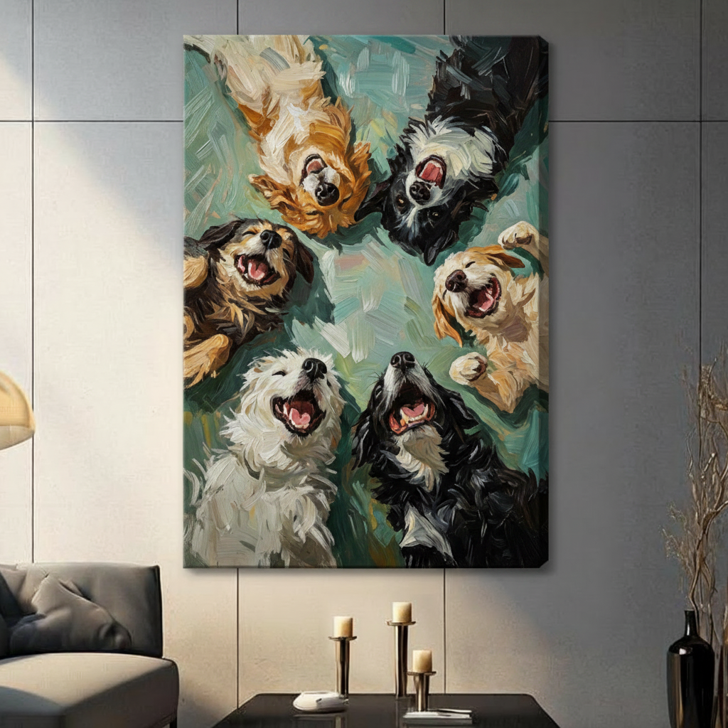 Playful mixed breed dogs peering down with happy expressions impasto oil painting canvas wall art print hanging in a contemporary living room with dark gray tiled wall, gray sofa, and gold arc floor lamp