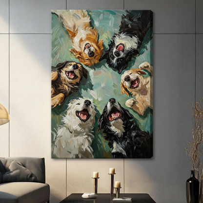 Playful mixed breed dogs peering down with happy expressions impasto oil painting canvas wall art print hanging in a contemporary living room with dark gray tiled wall, gray sofa, and gold arc floor lamp