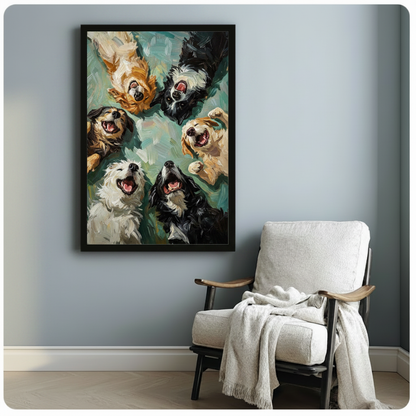 Six joyful dogs looking down at viewer with mouths open oil painting framed art poster with teal green background displayed beside a white fabric lounge chair with draped throw blanket against a soft blue-gray wall
