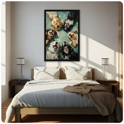 Funny happy dogs looking down overhead view oil painting framed wall art print with teal background hanging above a modern bedroom bed with white linen bedding, dark wood nightstands, and minimalist white table lamps