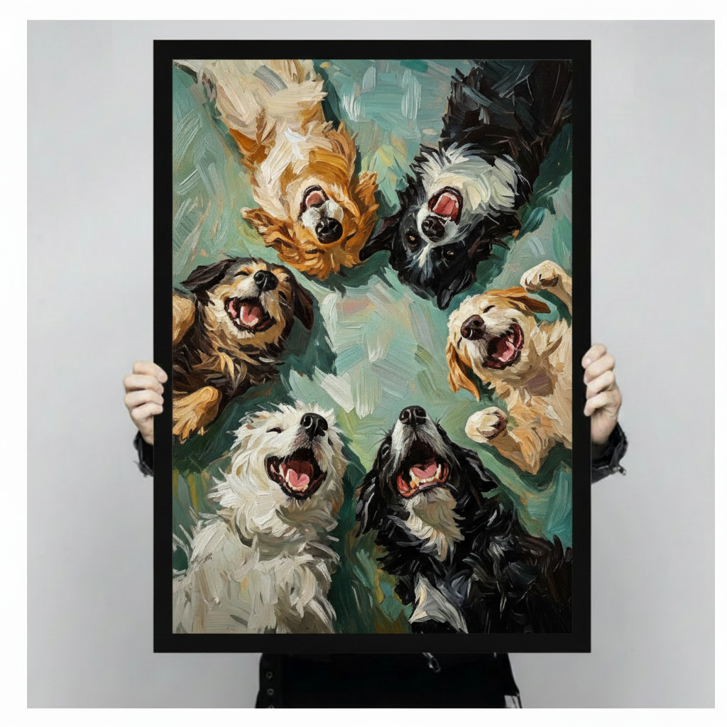 Humorous dogs from above circle composition thick brushstroke oil painting framed wall art print held up for size reference against a light gray neutral background featuring golden, black, and white mixed breed dogs