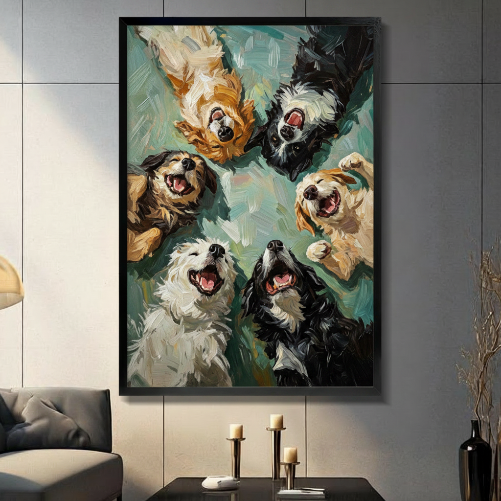 Funny six dogs looking down from above with open mouths oil painting style framed wall art print displayed in a living room with gray sofa, pillar candle holders, and black decorative vase against dark gray tiled wall