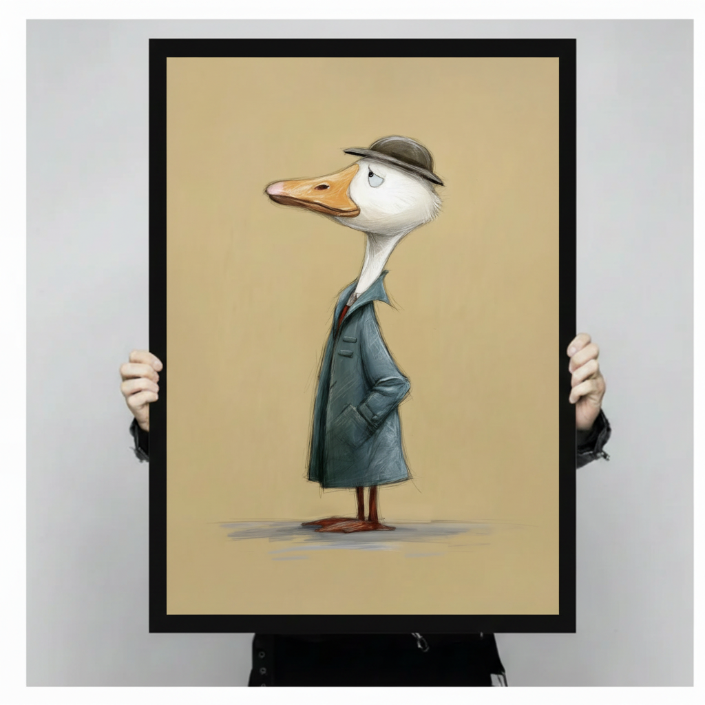 Hands holding funny duck detective framed canvas print against gray background — quirky animal wall art gift idea