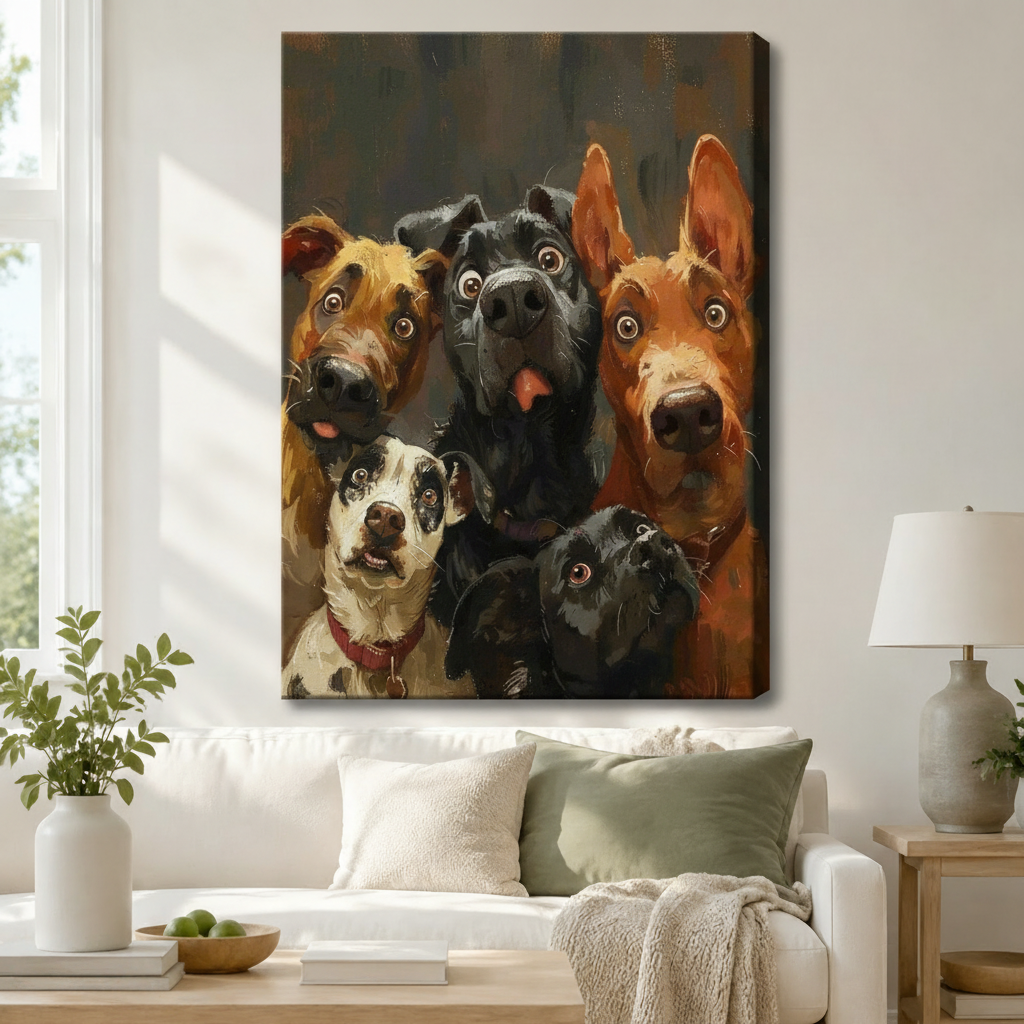 Gallery wrap canvas art featuring a humorous vintage-style oil painting of five mixed-breed dogs with bulging expressive eyes and open mouths pressed together in a group portrait, hung above a white sofa in a warm modern living room