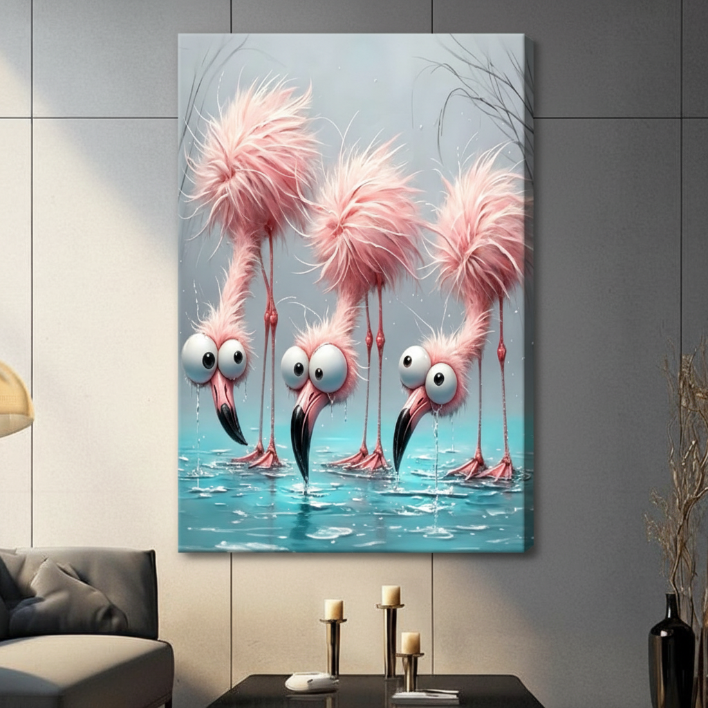 Humorous 3D digital illustration of a trio of pink flamingos with enormous round white eyes messy fluffy pink feather pom-pom heads and black hooked beaks wading in rippling turquoise water with splashing droplets against a pale blue-gray background stretched canvas wall art print hanging in a contemporary living room with dark gray tiled wall