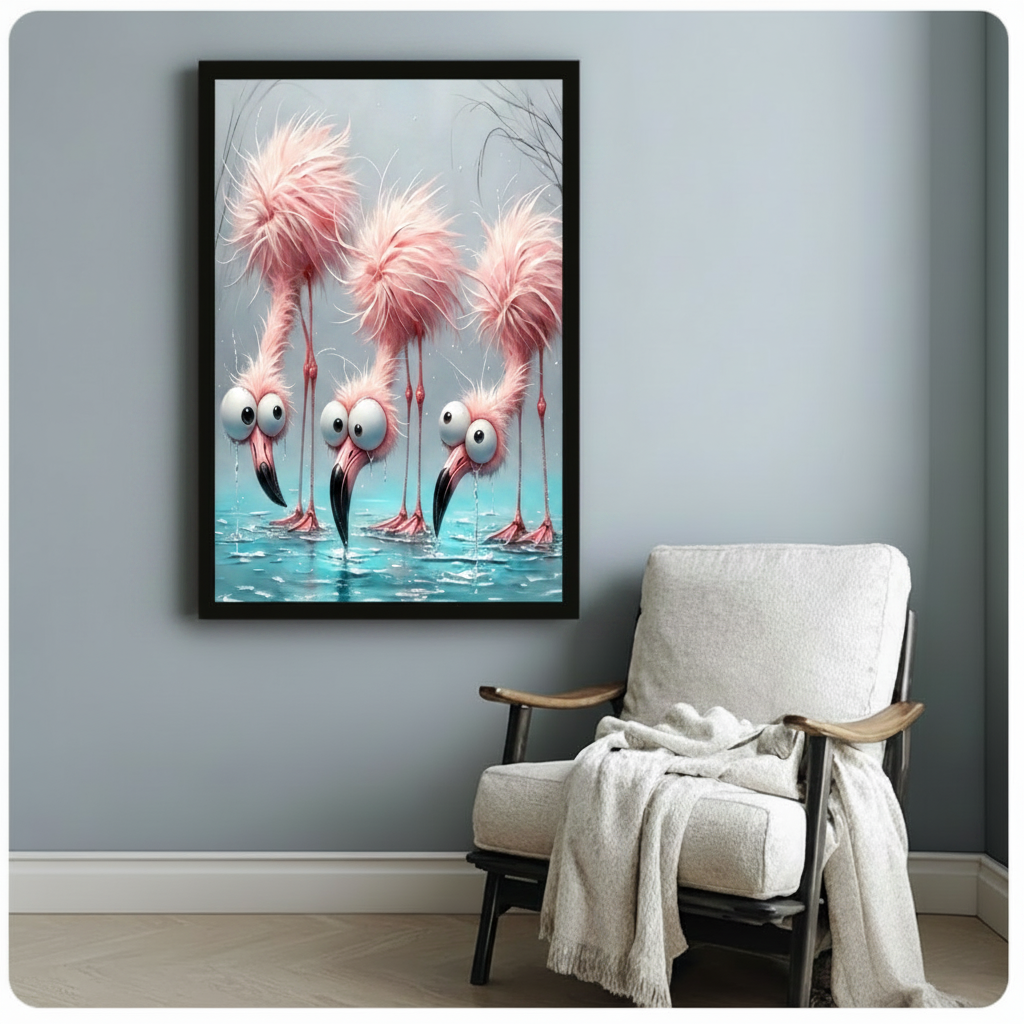 Playful surrealist illustration of three cartoon pink flamingos with exaggerated bulging eyes wild frizzy feather crowns and curved dark beaks standing in splashing light teal water with water spray details on a muted gray-blue background funny tropical bird art framed art poster displayed beside a white fabric lounge chair with draped throw blanket against a soft blue-gray wall