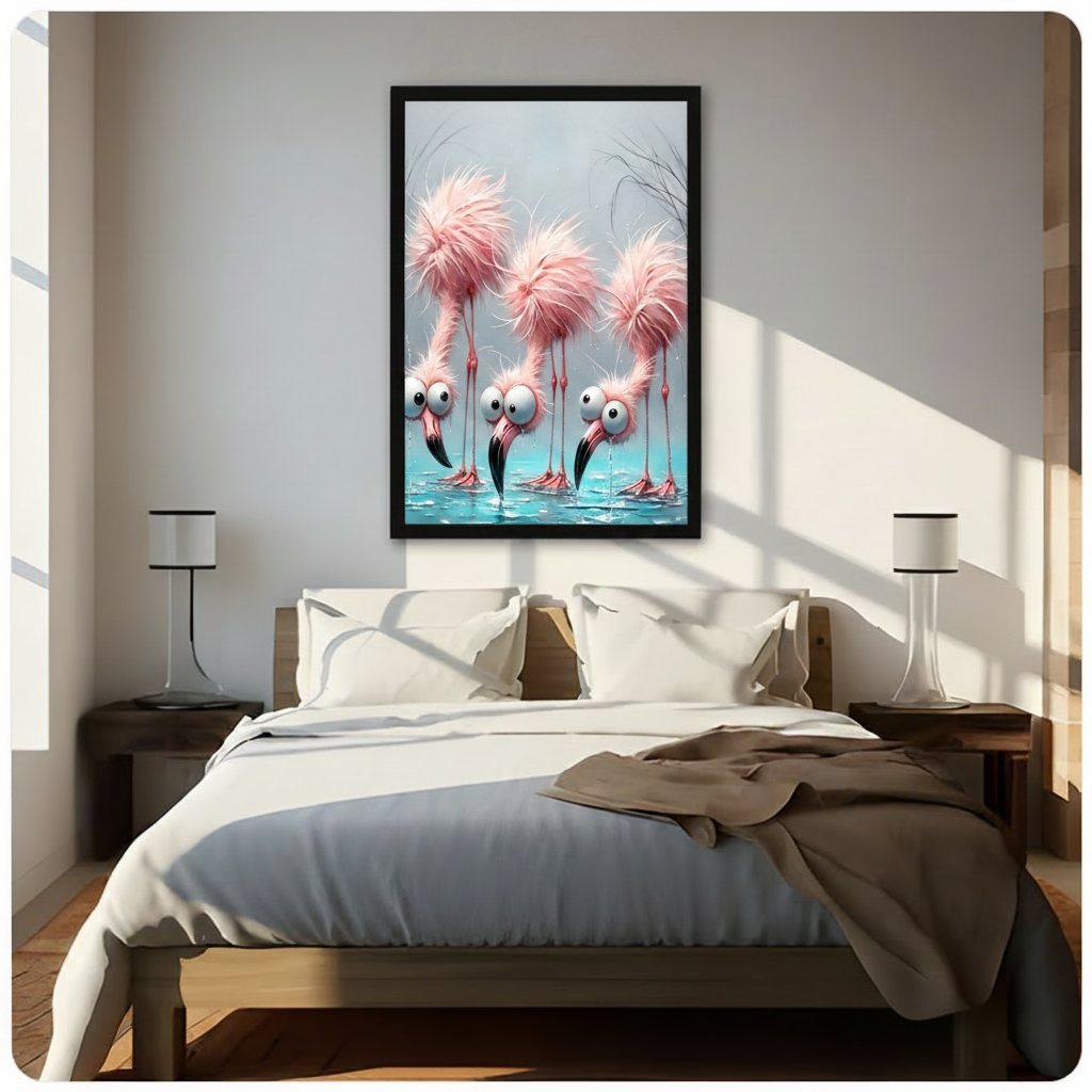 Charming 3D cartoon illustration of three fluffy pink flamingos with giant round googly eyes wild feathery pink crests and black hooked beaks standing in splashing teal blue water with scattered water droplets on a soft gray background funny whimsical bird wall decor framed wall art print hanging above a modern bedroom bed with white linen bedding, dark wood nightstands, and minimalist white table lamps