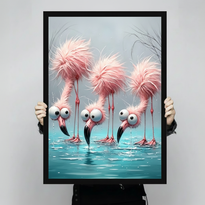 Quirky 3D surreal art print of three wide-eyed pink flamingos with oversized cartoon eyes disheveled fluffy pink feather heads and black curved beaks splashing in turquoise water with dynamic water droplets funny flamingo illustration framed wall art print held up for size reference against a light gray neutral background