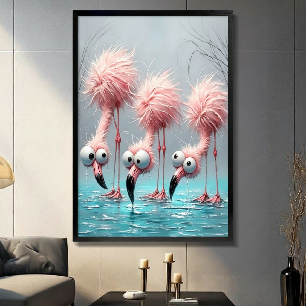 Whimsical 3D surreal illustration of three fluffy pink flamingos with wild poofy feather crests oversized googly eyes and curved black beaks standing in splashing teal water with water droplets on a soft gray-blue background funny cartoon bird framed wall art print displayed in a living room with dark gray sofa, pillar candle holders, and black decorative vase