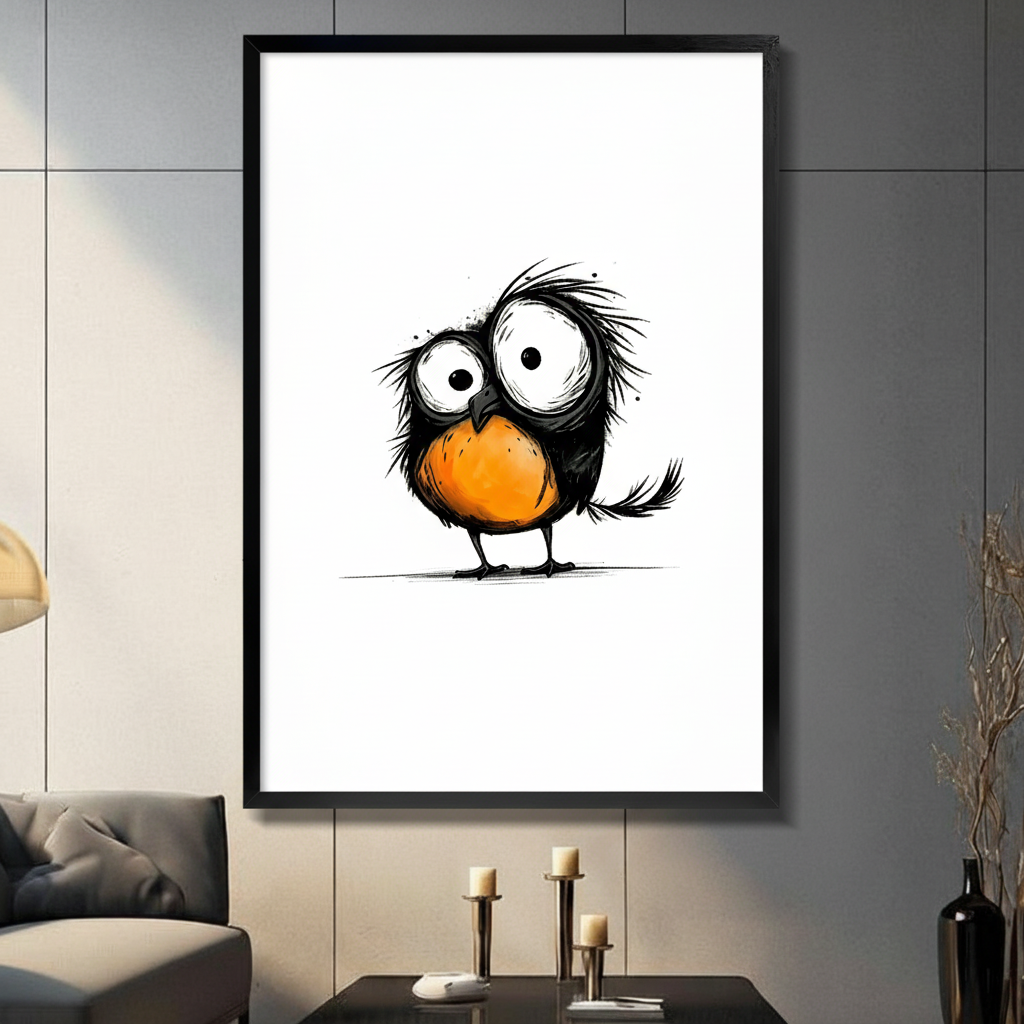 Framed minimalist wall art print of a funny fluffy black bird with oversized white eyes and a bright orange chest, ink sketch style on white background, displayed above a console table in a modern living room