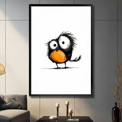 Framed minimalist wall art print of a funny fluffy black bird with oversized white eyes and a bright orange chest, ink sketch style on white background, displayed above a console table in a modern living room
