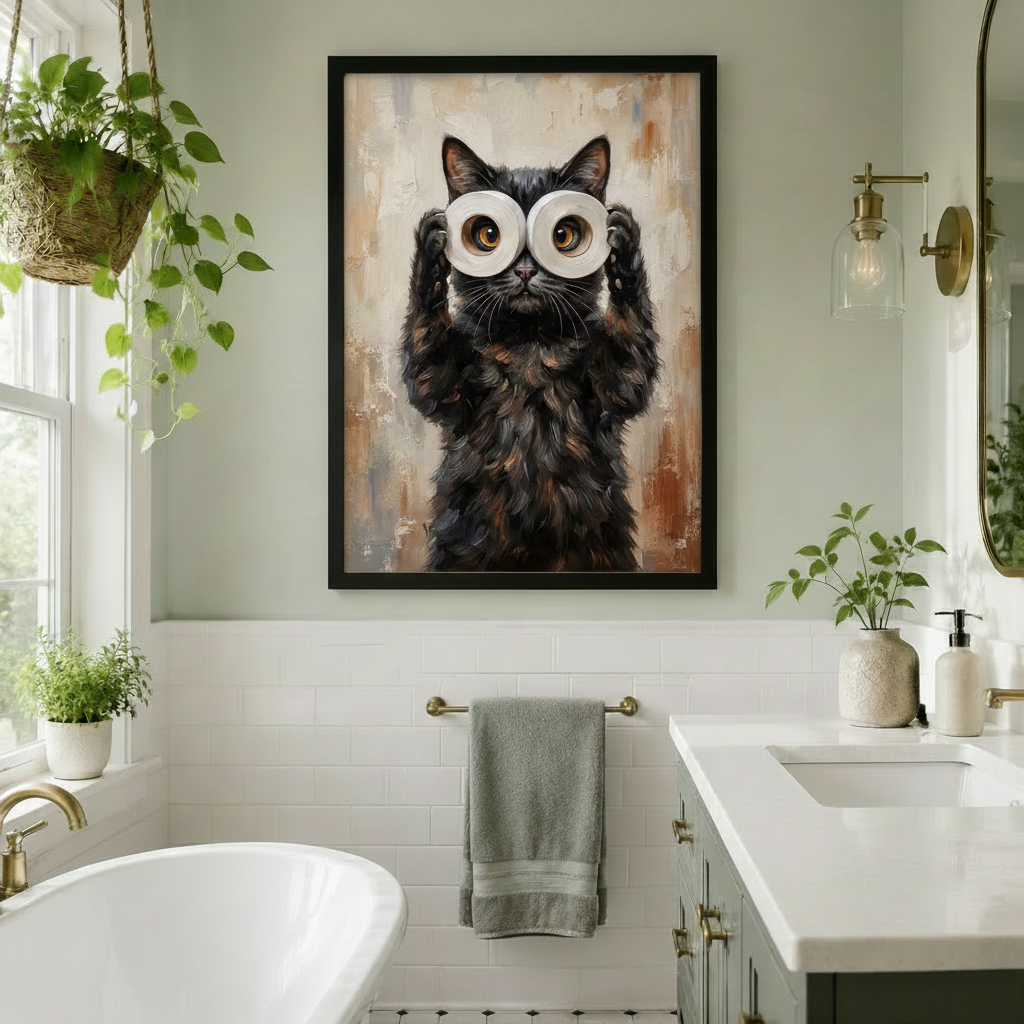 Humorous fluffy black cat holding toilet paper rolls as binoculars framed wall art in bright bathroom with plants and gold accents