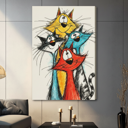 Chaotic group of four colorful cats with googly eyes wild whiskers and goofy expressions in yellow blue red orange and black crayon style on a white background funny cat wall art stretched canvas in a living room with dark gray tiled wall gray sofa candle holders and black vase