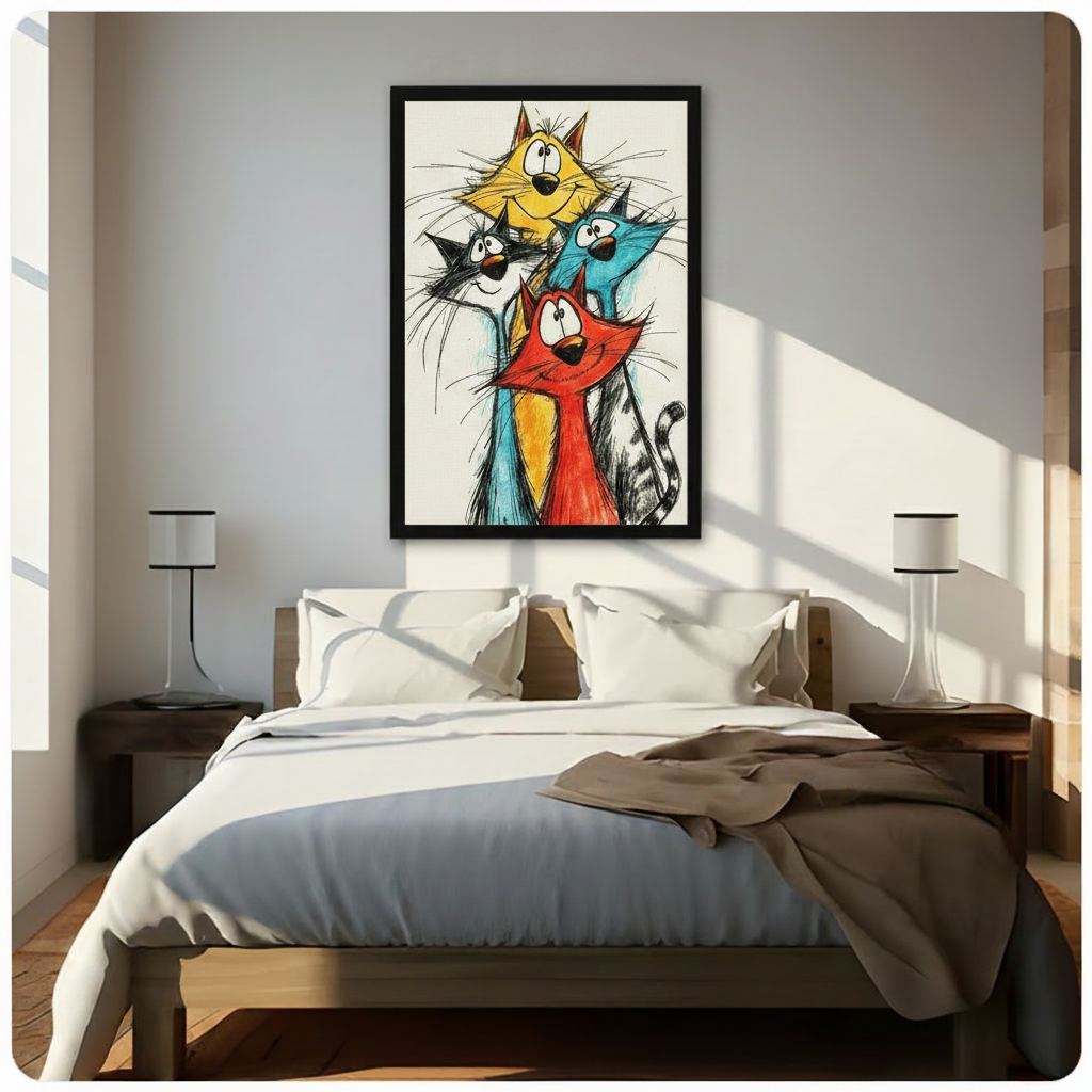 Bold crayon sketch of four goofy cats in yellow blue orange-red and black piled together with wild whiskers and comic expressions on a white background funny colorful cat wall art framed print above a bedroom with white linen bedding dark wood bed frame and white table lamps