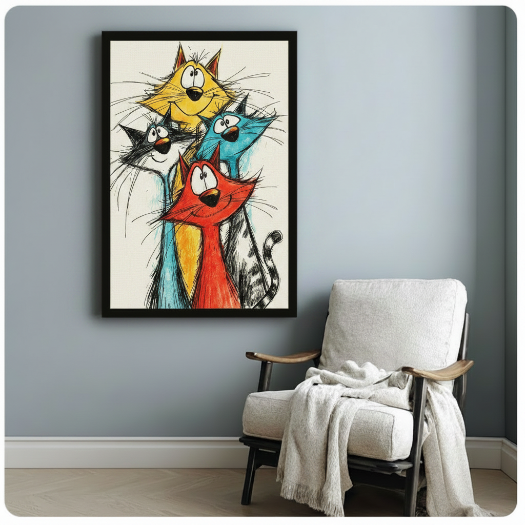 Four quirky cats in vivid yellow blue red and black with messy fur wide eyes and playful expressions bold crayon illustration funny cat wall art framed print beside a white linen armchair with a cream throw blanket on a blue gray wall