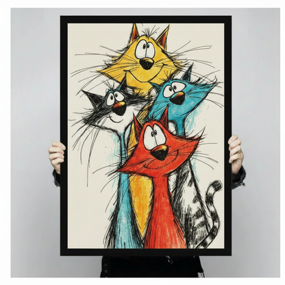 Stack of four expressive cartoon cats in primary colors yellow blue red and black with oversized eyes and scraggly whiskers on a cream background colorful cat wall art framed print held against a light gray background