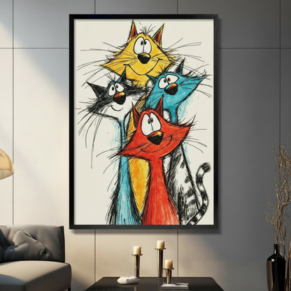 Four cartoon cats stacked together in bold yellow blue red and black with wild whiskers and exaggerated expressions expressive crayon sketch cat wall art framed print in a living room with dark gray tiled wall gray sofa candle holders and black vase