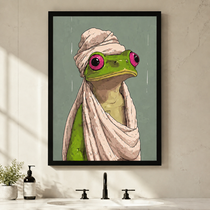 Funny green frog in towel framed wall art hanging above bathroom sink, humorous animal bathroom decor print