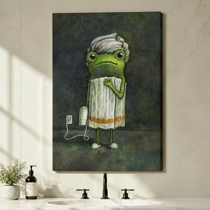 Unframed canvas print of a whimsical frog in a towel holding a hair dryer displayed in a contemporary bathroom