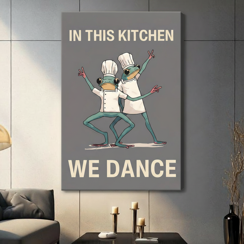 Unframed stretched canvas print of two quirky green frogs in white chef uniforms and tall toques striking fun dance poses with the humorous kitchen quote In This Kitchen We Dance in cream lettering on a warm grey background