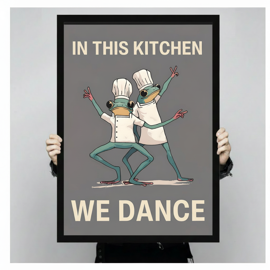 Person holding a large black framed funny frog chef kitchen dance canvas art print showing print size scale with two green frogs in white chef uniforms dancing and the humorous quote In This Kitchen We Dance on a grey background