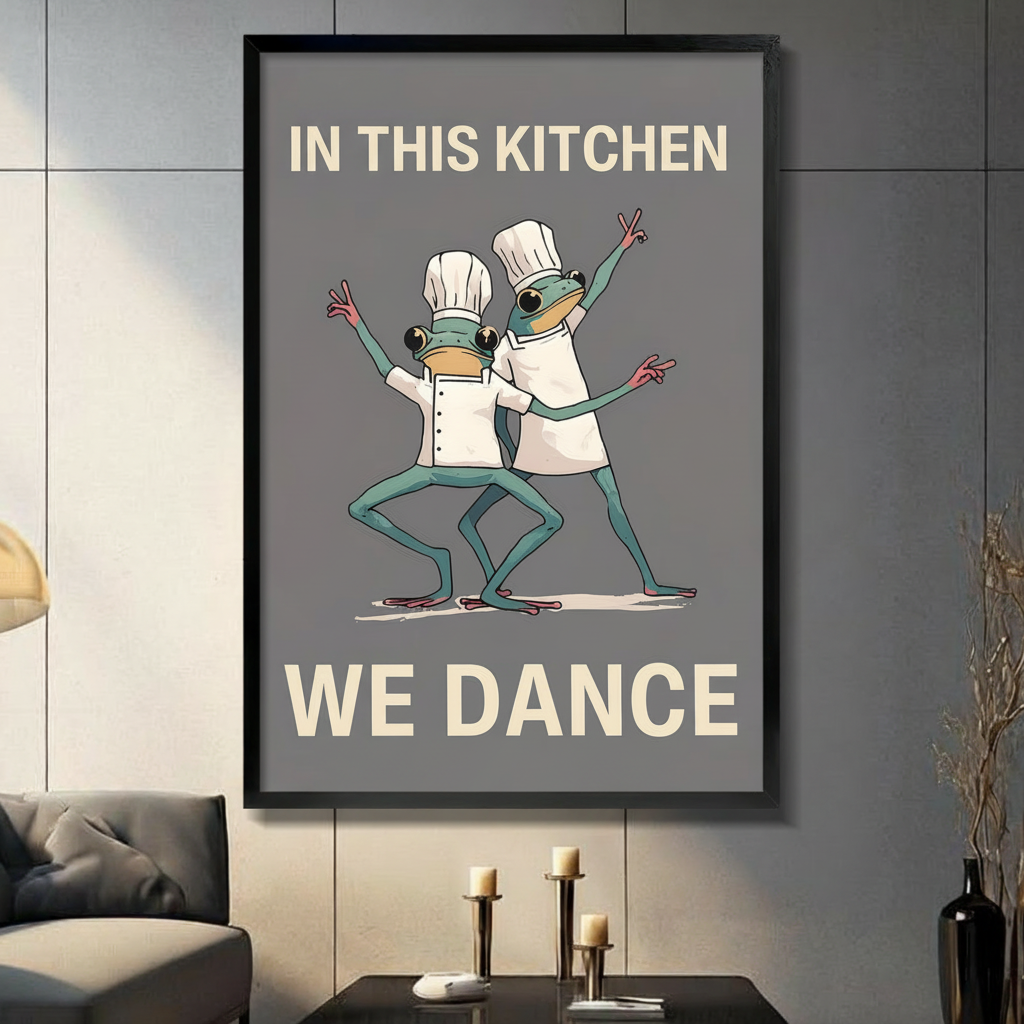 Framed funny illustration canvas wall art of two dancing frogs wearing white chef hats and coats with the bold quote In This Kitchen We Dance on a grey background displayed on a dark grey wall in a modern living room with black candle holders