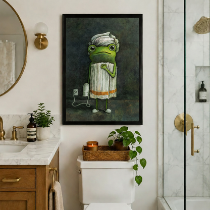 Framed frog bathroom art print above toilet in an elegant bathroom with marble countertop and brass gold fixtures