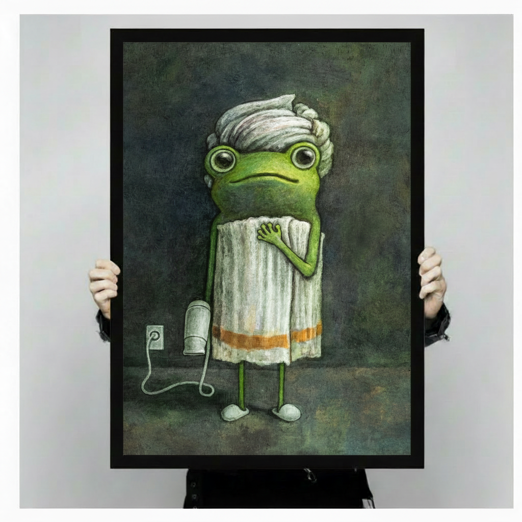 Person holding a large framed funny frog art print showing print size scale with dark teal painterly background