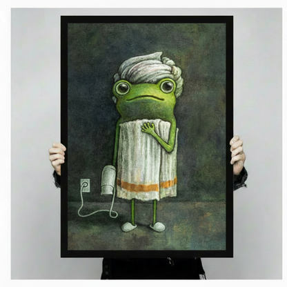 Person holding a large framed funny frog art print showing print size scale with dark teal painterly background