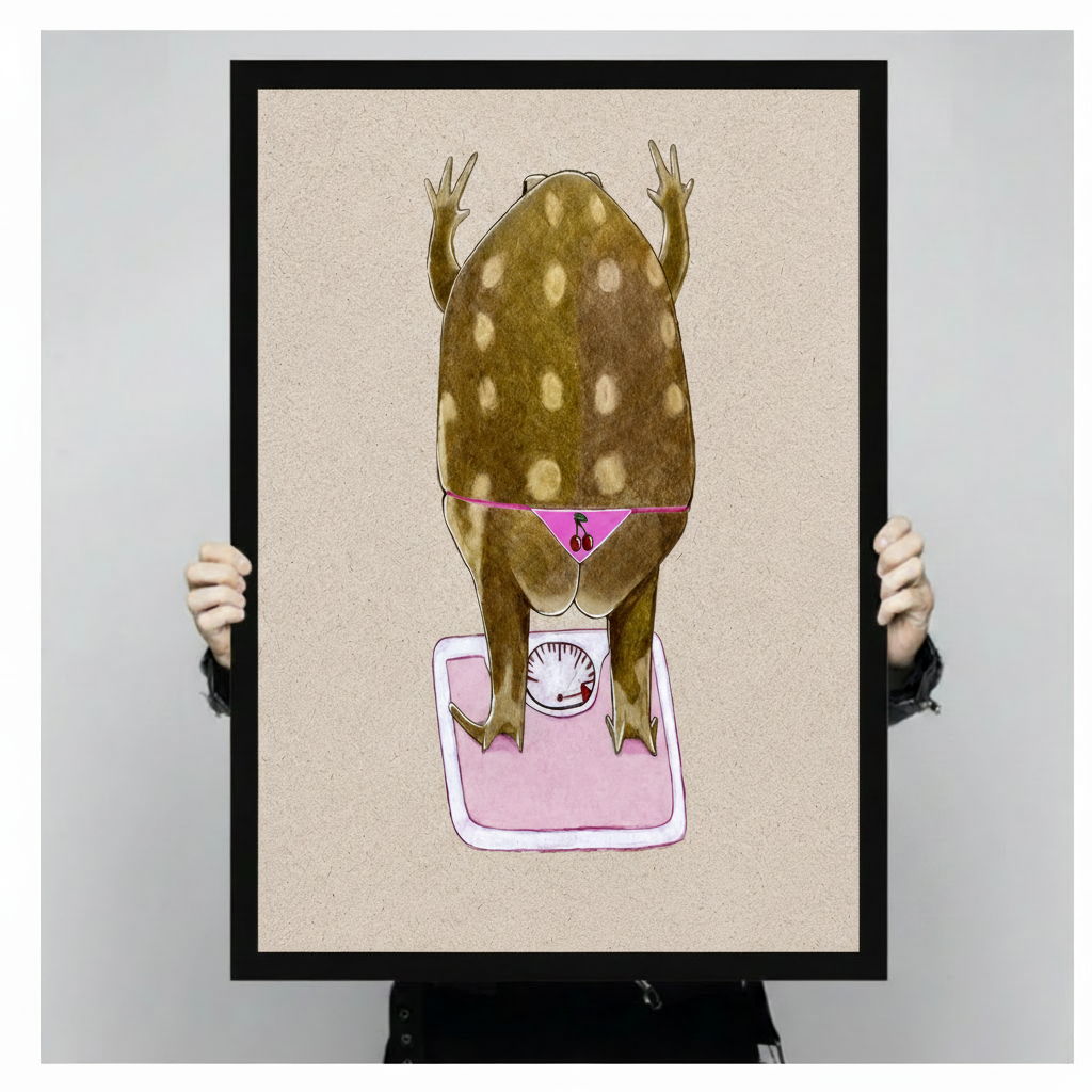 Person holding large black framed humorous art print of a chubby spotted frog in pink cherry bikini standing on a pink bathroom scale viewed from behind