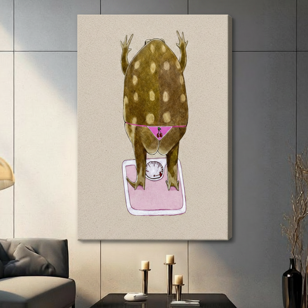 Frameless stretched canvas print featuring a humorous spotted frog in pink bikini bottoms weighing itself on a pink scale, viewed from behind on beige background
