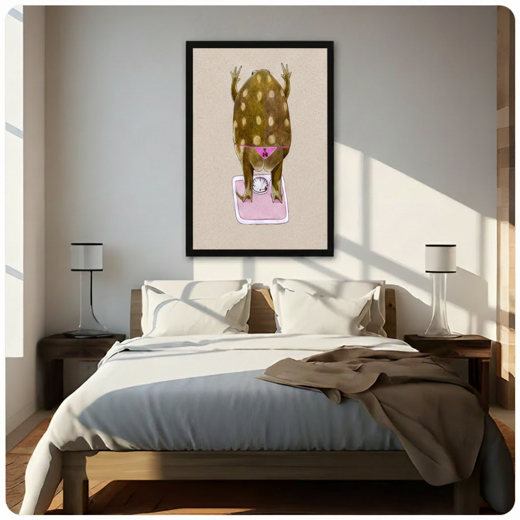 Humorous frog on bathroom scale wall art in black frame mounted above bed in bright minimalist bedroom with warm morning sunlight and white linen bedding