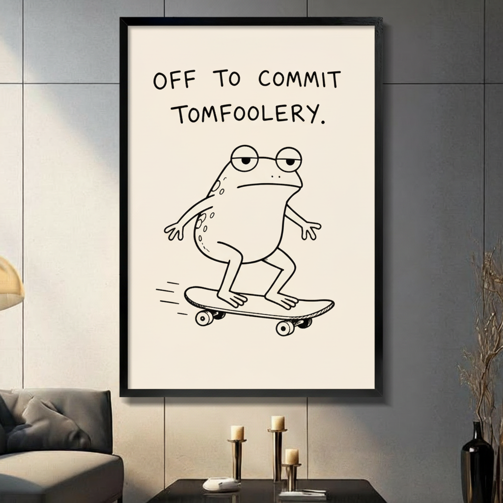 Framed minimalist line drawing canvas wall art of a chubby frog wearing round glasses riding a skateboard with the humorous quote Off To Commit Tomfoolery in bold black handwritten text on a cream background on a dark grey wall in a modern living room