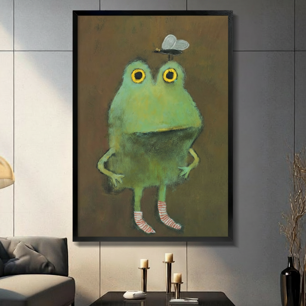 Framed wall art print of a whimsical green frog wearing striped socks with a butterfly perched on its head, displayed in a modern living room above a console table