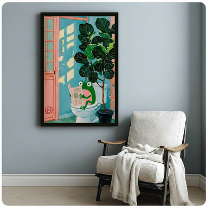 Quirky frog on toilet with newspaper framed poster beside cozy armchair, colorful kawaii-style bathroom wall art in black frame for living room or hallway