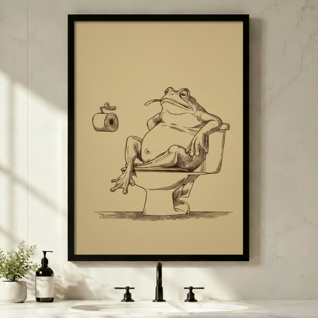 Framed vintage-style sketch canvas of a chubby frog sitting on a toilet with a toilet paper roll nearby, hung above a bathroom sink — perfect funny bathroom wall art