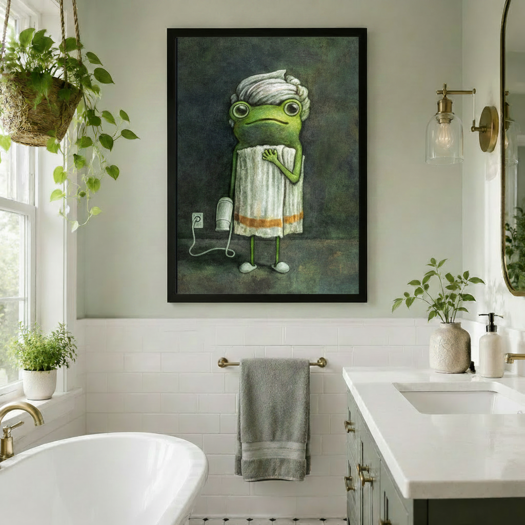 Framed whimsical frog in white towel wall art in a bright white bathroom with freestanding bathtub and hanging plants
