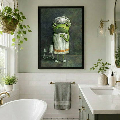 Framed whimsical frog in white towel wall art in a bright white bathroom with freestanding bathtub and hanging plants